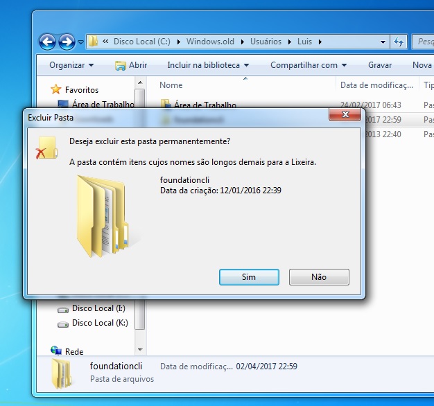 Mensagem do Windows não consegue excluir arquivo como nome grande