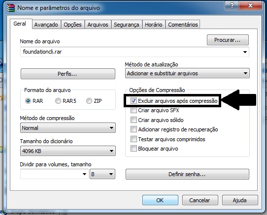 Com a caixa de opções aberta, marque a opção Opção para excluir os aquivos após a compactação